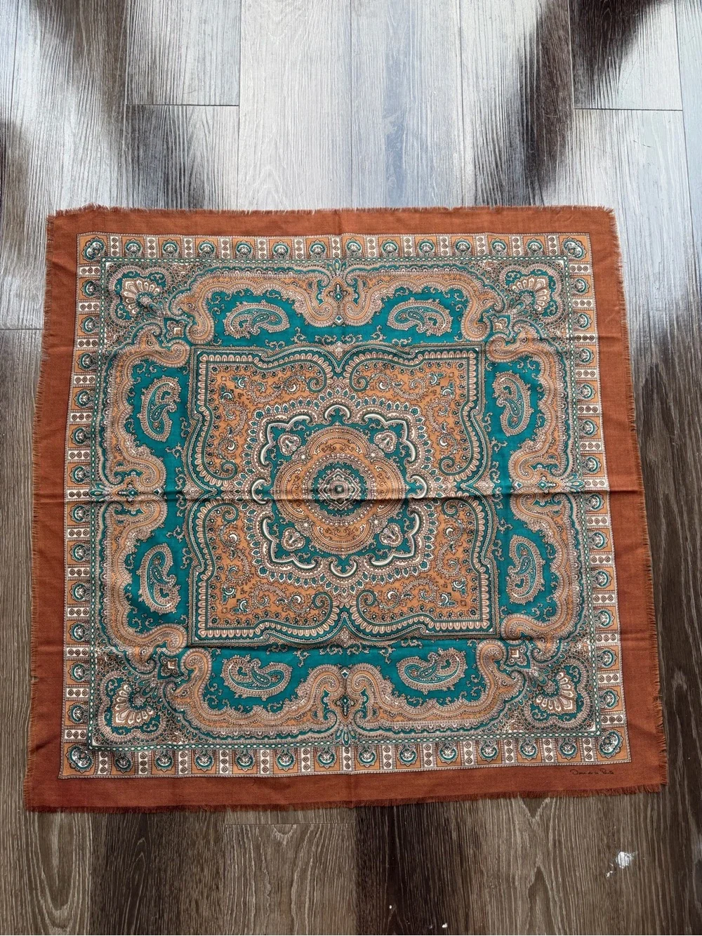 Oscar de la Renta Paisley Square Scarf Fringe Teal Brown Beige 30x30